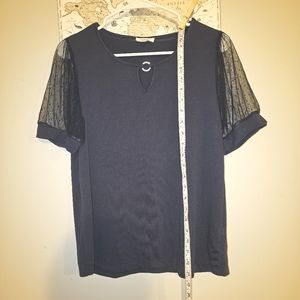 Navy Blue Mesh Polka Dot Sleeves Top